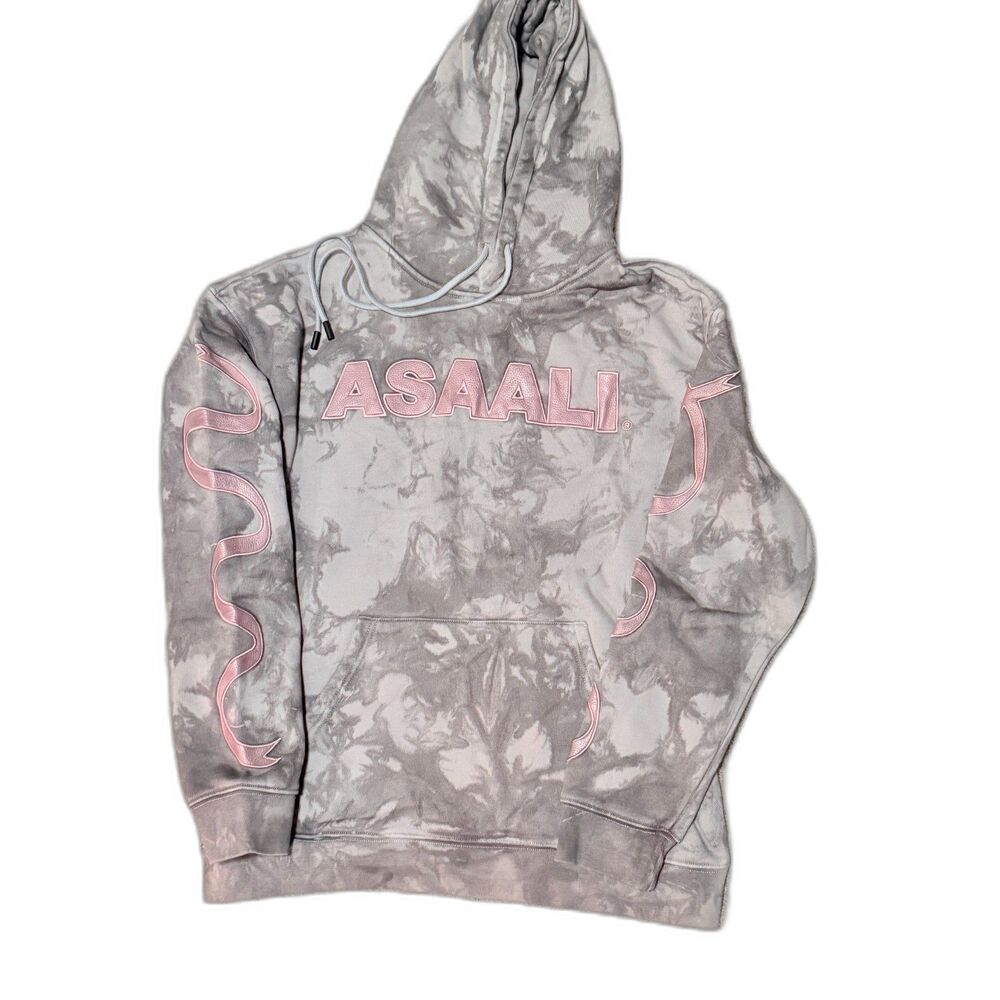 Asaali Jean Co Grey Tie Dye Hoodie XS Leather Patch Logo Ribbon Sleeve Rare